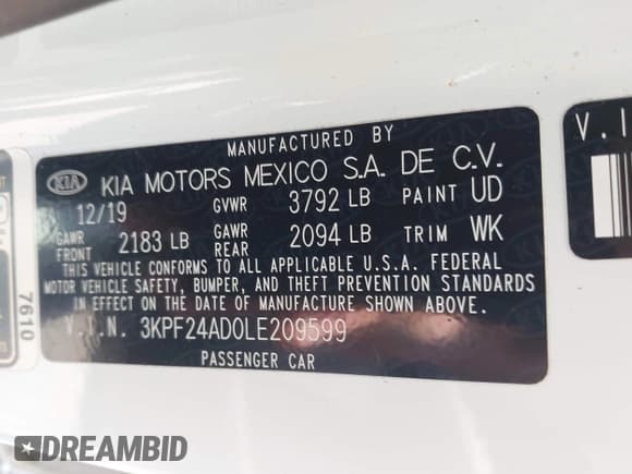 ✅ 2020 Kia Forte FE • VIN: 3KPF24AD0LE209599 • Lot: 42892433. Listed on IAAI with 76,117 mi. Free auction sales archive from the USA and detailed vehicle history report at DreamBid. Image 9.