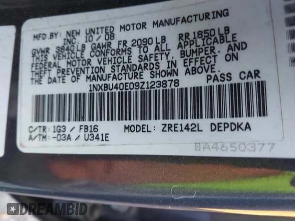 ✅ 2009 Toyota Corolla LE • VIN: 1NXBU40E09Z123878 • Lot: 43657004. Listed on IAAI with 164,534 mi. Free auction sales archive from the USA and detailed vehicle history report at DreamBid. Image 9.