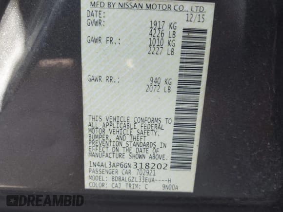 ✅ 2016 Nissan Altima S • VIN: 1N4AL3AP6GN318202 • Lot: 43552301. Listed on IAAI with 195,060 mi. Free auction sales archive from the USA and detailed vehicle history report at DreamBid. Image 9.