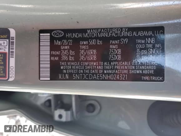 2022 Hyundai Santa Cruz SEL с VIN 5NTJCDAE5NH024321, выставлен на аукционе Copart как лот 42774515 с пробегом 41 177 миль миль и Списание • Salvage title. История ставок и продаж доступна на DreamBid. Изображение 12.