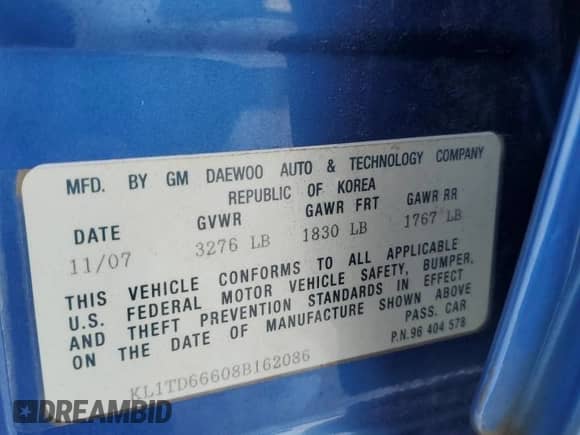 2008 Chevrolet Aveo LS z VIN KL1TD66608B162086, wystawiony jako Copart lot #43416845 z przebiegiem 115 649 mil mil oraz Szkoda całkowita • Salvage title. Historia ofert i sprzedaży dostępna na DreamBid. Obrazek 12.