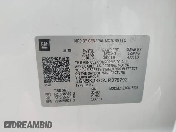 ✅ 2018 Chevrolet Suburban Premier • VIN: 1GNSKJKC2JR378793 • Lot: 42327679. Listed on IAAI with 151,091 mi. Free auction sales archive from the USA and detailed vehicle history report at DreamBid. Image 9.