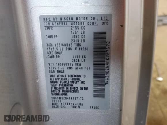 2015 Chevrolet City Express Cargo LT with VIN 3N63M0ZN4FK727172, listed as a Copart auction lot 58541635 with Not provided miles and Non repairable. Bid and sale history available at DreamBid. Image 14.