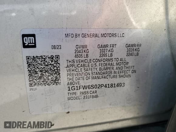 ✅ 2023 Chevrolet Bolt EV 1LT • VIN: 1G1FW6S02P4181493 • Lot: 61468995. Listed on Copart with 44,187 mi. Free auction sales archive from the USA and detailed vehicle history report at DreamBid. Image 13.