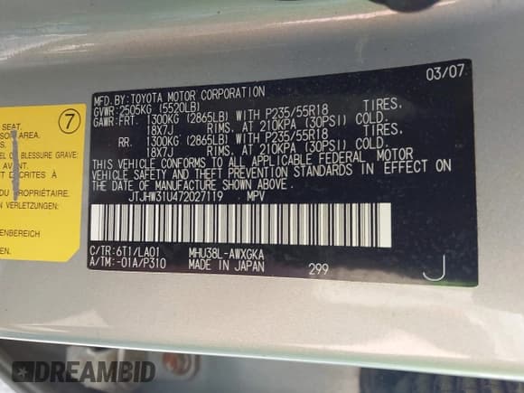 ✅ 2007 Lexus RX 400h • VIN: JTJHW31U472027119 • Lot: 42996800. Wystawiony na IAAI z przebiegiem 304 880 mil. Bezpłatny archiwum sprzedaży aukcyjnych z USA i szczegółowy raport historii pojazdu na DreamBid. Zdjęcie 9.