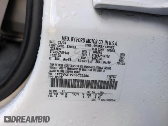 ✅ 2003 Ford F-350 XL • VIN: 1FTSW31P73EC22286 • Lot: 45991425. Listed on Copart with 151,923 mi. Free auction sales archive from the USA and detailed vehicle history report at DreamBid. Image 12.