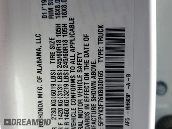 ✅ 2019 Honda Ridgeline RTL-E • VIN: 5FPYK3F76KB030165 • Lot: 85926505. Listed on Copart with 90,436 mi. Free auction sales archive from the USA and detailed vehicle history report at DreamBid. Image 12.