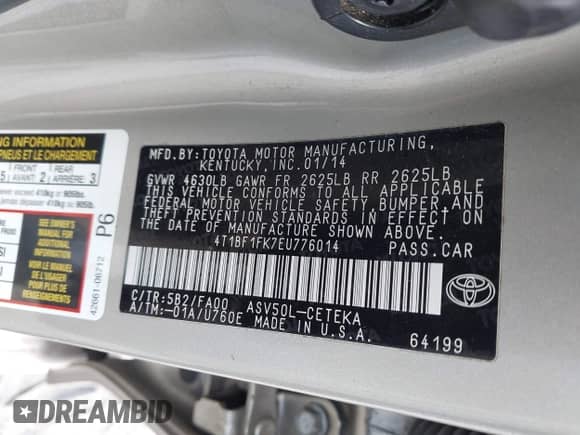 2014 Toyota Camry L with VIN 4T1BF1FK7EU776014, listed as a IAAI auction lot 43283920 with 151,081 mi miles and . Bid and sale history available at DreamBid. Image 9.