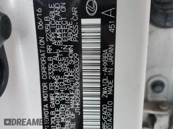 ✅ 2017 Lexus CT 200h • VIN: JTHKD5BH3H2280329 • Лот: 73482322. Опубликован ранее на Copart с пробегом 57 309 миль. Бесплатный доступ к архиву аукционных продаж из США и подробный отчёт об истории автомобиля на DreamBid. Изображение 12.