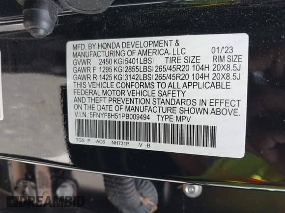 ✅ 2023 Honda Passport EX-L • VIN: 5FNYF8H51PB009494 • Lot: 42751895. Listed on IAAI with 24,085 mi. Free auction sales archive from the USA and detailed vehicle history report at DreamBid. Image 9.