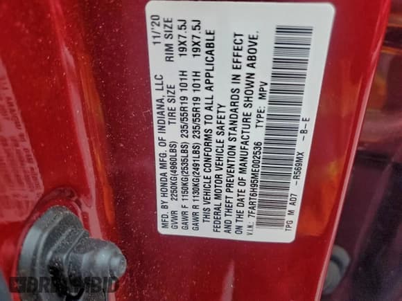 ✅ 2021 Honda CR-V Touring • VIN: 7FART6H95ME002536 • Lot: 93878865. Listed on Copart with 47,344 mi. Free auction sales archive from the USA and detailed vehicle history report at DreamBid. Image 12.