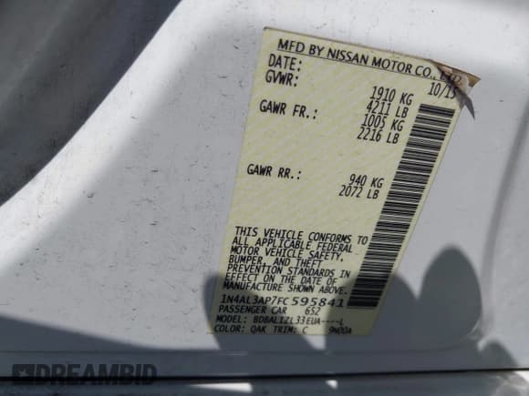 ✅ 2015 Nissan Altima SV • VIN: 1N4AL3AP7FC595841 • Лот: 43148130. Опубликован ранее на IAAI с пробегом 144 990 миль. Бесплатный доступ к архиву аукционных продаж из США и подробный отчёт об истории автомобиля на DreamBid. Изображение 9.