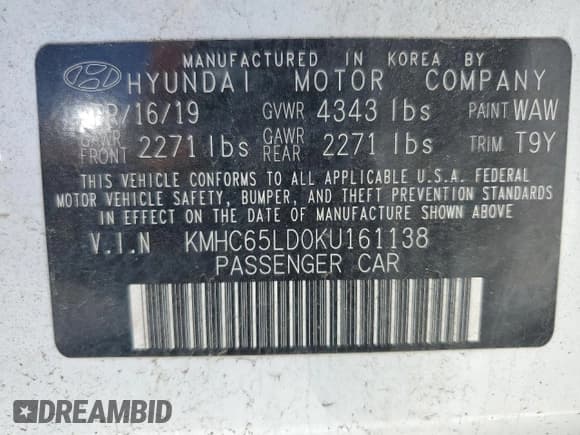 ✅ 2019 Hyundai Ioniq • VIN: KMHC65LD0KU161138 • Lot: 51589275. Wystawiony na Copart z przebiegiem 10 261 mil. Bezpłatny archiwum sprzedaży aukcyjnych z USA i szczegółowy raport historii pojazdu na DreamBid. Zdjęcie 12.