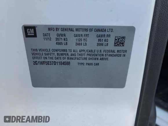 2013 Chevrolet Impala LS with VIN 2G1WF5E37D1184588, listed as a Copart auction lot 82370615 with 220,421 mi miles and Salvage title. Bid and sale history available at DreamBid. Image 12.