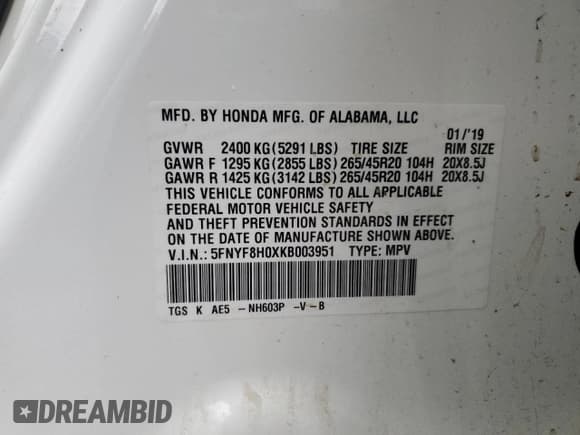 ✅ 2019 Honda Passport Elite • VIN: 5FNYF8H0XKB003951 • Lot: 93491105. Listed on Copart with Not provided. Free auction sales archive from the USA and detailed vehicle history report at DreamBid. Image 14.