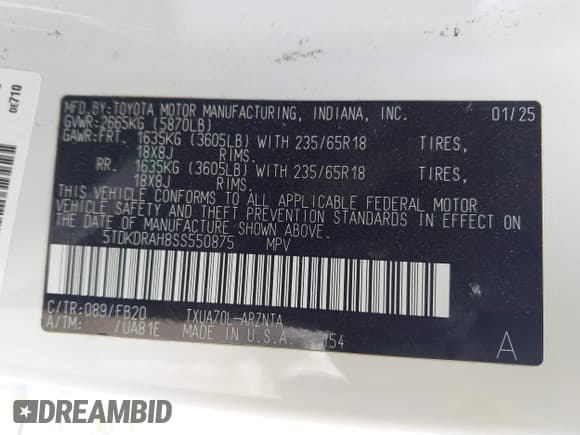 ✅ 2025 Toyota Highlander LE • VIN: 5TDKDRAH8SS550875 • Lot: 42414509. Wystawiony na IAAI z przebiegiem 1 806 mil. Bezpłatny archiwum sprzedaży aukcyjnych z USA i szczegółowy raport historii pojazdu na DreamBid. Zdjęcie 9.