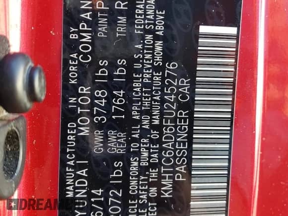 2015 Hyundai Veloster with VIN KMHTC6AD6FU245276, listed as a Copart auction lot 73170363 with 68,327 mi miles and . Bid and sale history available at DreamBid. Image 12.