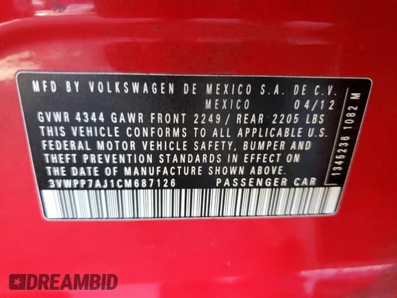 ✅ 2012 Volkswagen Jetta SE • VIN: 3VWPP7AJ1CM687126 • Lot: 67557155. Listed on Copart with 127,677 mi. Free auction sales archive from the USA and detailed vehicle history report at DreamBid. Image 12.