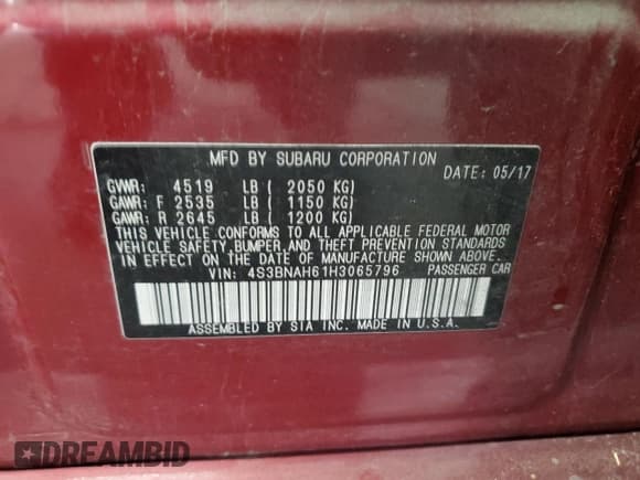 ✅ 2017 Subaru Legacy Premium • VIN: 4S3BNAH61H3065796 • Lot: 58124445. Listed on Copart with 97,629 mi. Free auction sales archive from the USA and detailed vehicle history report at DreamBid. Image 12.