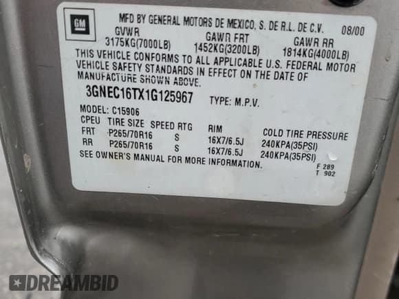 ✅ 2001 Chevrolet Suburban LS • VIN: 3GNEC16TX1G125967 • Лот: 43151265. Опубликован ранее на Copart с пробегом Не указан. Бесплатный доступ к архиву аукционных продаж из США и подробный отчёт об истории автомобиля на DreamBid. Изображение 12.