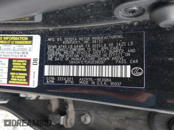 ✅ 2024 Lexus ES 300h • VIN: 58ADA1C15RU038097 • Lot: 41774011. Listed on IAAI with 160,321 mi. Free auction sales archive from the USA and detailed vehicle history report at DreamBid. Image 9.