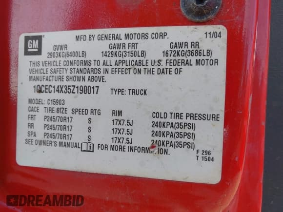 ✅ 2005 Chevrolet Silverado 1500 Work Truck • VIN: 1GCEC14X35Z190017 • Lot: 42550615. Listed on IAAI with 290,000 mi. Free auction sales archive from the USA and detailed vehicle history report at DreamBid. Image 9.