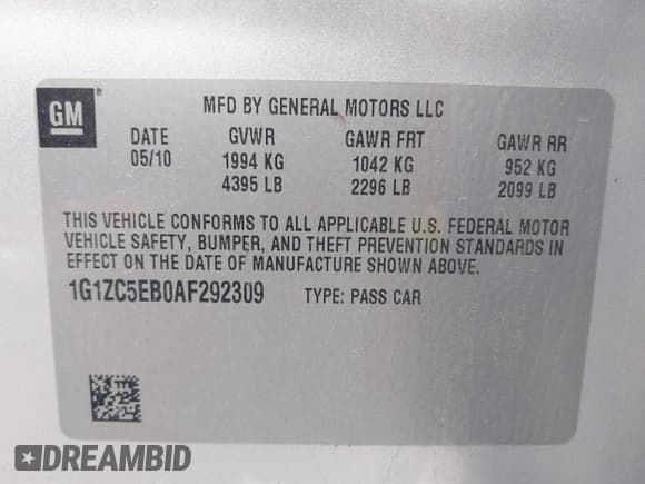 ✅ 2010 Chevrolet Malibu 1LT • VIN: 1G1ZC5EB0AF292309 • Lot: 42048830. Listed on IAAI with 84,488 mi. Free auction sales archive from the USA and detailed vehicle history report at DreamBid. Image 9.
