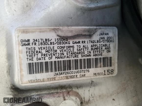 ✅ 2001 Mitsubishi Mirage ES • VIN: JA3AY26C01U037276 • Lot: 57102855. Listed on Copart with 280,678 mi. Free auction sales archive from the USA and detailed vehicle history report at DreamBid. Image 12.