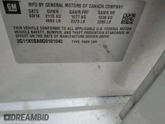 ✅ 2016 Chevrolet Impala LS • VIN: 2G11X5SA8G9181845 • Lot: 81516195. Listed on Copart with Not provided. Free auction sales archive from the USA and detailed vehicle history report at DreamBid. Image 12.