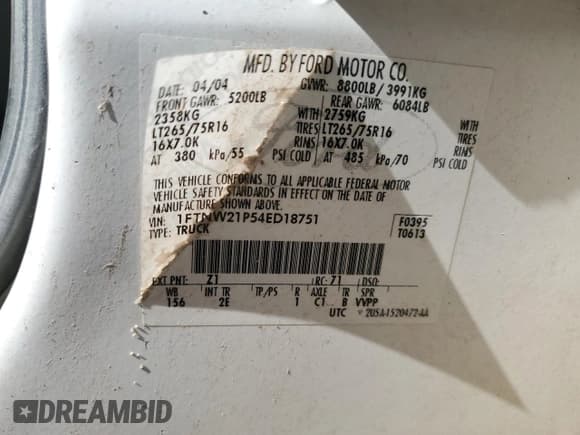 ✅ 2004 Ford F-250 XL • VIN: 1FTNW21P54ED18751 • Lot: 68314185. Listed on Copart with 283,248 mi. Free auction sales archive from the USA and detailed vehicle history report at DreamBid. Image 13.