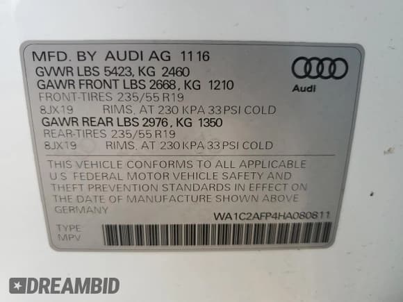 ✅ 2017 Audi Q5 Premium • VIN: WA1C2AFP4HA080811 • Лот: 84979665. Опубликован ранее на Copart с пробегом 42 979 миль. Бесплатный доступ к архиву аукционных продаж из США и подробный отчёт об истории автомобиля на DreamBid. Изображение 13.