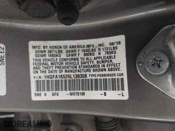 ✅ 2006 Honda Civic LX • VIN: 1HGFA16526L138308 • Лот: 43616656. Опубликован ранее на IAAI с пробегом 183 533 миль. Бесплатный доступ к архиву аукционных продаж из США и подробный отчёт об истории автомобиля на DreamBid. Изображение 9.