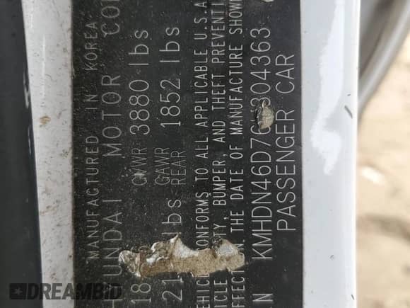 2006 Hyundai Elantra GLS с VIN KMHDN46D76U304363, выставлен на аукционе Copart как лот 78660644 с пробегом Не указан миль и Чистый • Clean title. История ставок и продаж доступна на DreamBid. Изображение 12.