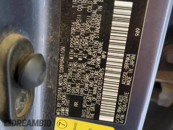 2007 Toyota Highlander w/3rd Row with VIN JTEDD21A270159875, listed as a Copart auction lot 49532815 with 337,521 mi miles and Clean title. Bid and sale history available at DreamBid. Image 13.