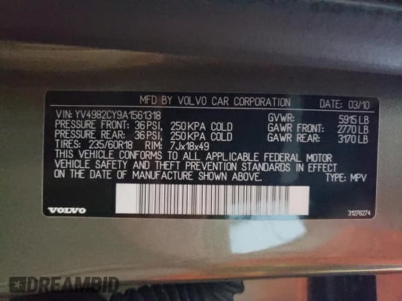 ✅ 2010 Volvo XC90 I6 • VIN: YV4982CY9A1561318 • Лот: 85471665. Опубликован ранее на Copart с пробегом 161 697 миль. Бесплатный доступ к архиву аукционных продаж из США и подробный отчёт об истории автомобиля на DreamBid. Изображение 13.