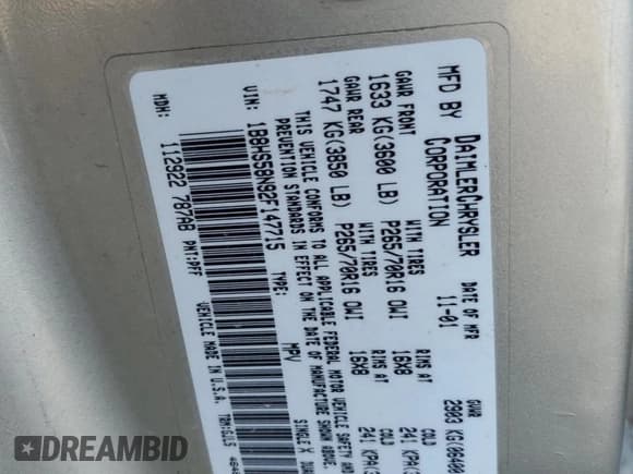 ✅ 2002 Dodge Durango • VIN: 1B8HS58N92F147715 • Lot: 76606574. Listed on Copart with 153,819 mi. Free auction sales archive from the USA and detailed vehicle history report at DreamBid. Image 14.