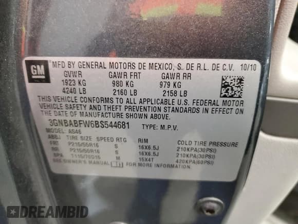 ✅ 2011 Chevrolet HHR 1LT • VIN: 3GNBABFW6BS544681 • Lot: 44774455. Listed on Copart with 131,547 mi. Free auction sales archive from the USA and detailed vehicle history report at DreamBid. Image 13.