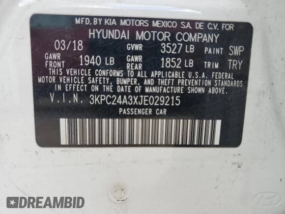 2018 Hyundai Accent SEL z VIN 3KPC24A3XJE029215, wystawiony jako Copart lot #74187434 z przebiegiem 61 778 mil mil oraz Nie do naprawy • Non repairable. Historia ofert i sprzedaży dostępna na DreamBid. Obrazek 13.