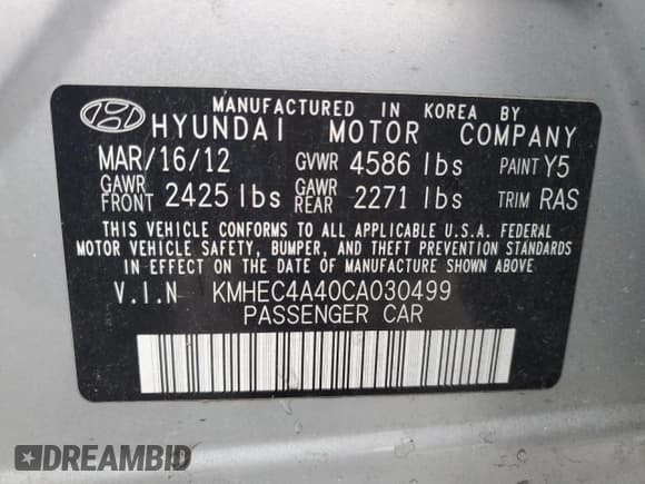 ✅ 2012 Hyundai Sonata Hybrid • VIN: KMHEC4A40CA030499 • Lot: 59590825. Listed on Copart with 125,184 mi. Free auction sales archive from the USA and detailed vehicle history report at DreamBid. Image 12.