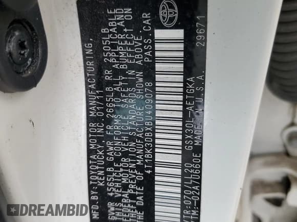 ✅ 2011 Toyota Avalon • VIN: 4T1BK3DBXBU409078 • Lot: 69672405. Listed on Copart with 131,870 mi. Free auction sales archive from the USA and detailed vehicle history report at DreamBid. Image 13.