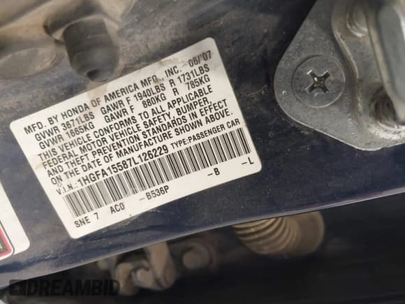✅ 2007 Honda Civic LX • VIN: 1HGFA15587L126229 • Лот: 42961467. Опубликован ранее на IAAI с пробегом 257 784 миль. Бесплатный доступ к архиву аукционных продаж из США и подробный отчёт об истории автомобиля на DreamBid. Изображение 9.