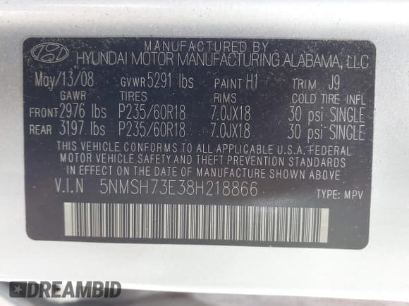 ✅ 2008 Hyundai Santa Fe SE • VIN: 5NMSH73E38H218866 • Lot: 43098609. Wystawiony na IAAI z przebiegiem 167 234 mil. Bezpłatny archiwum sprzedaży aukcyjnych z USA i szczegółowy raport historii pojazdu na DreamBid. Zdjęcie 9.
