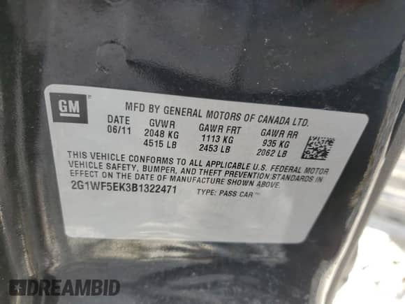 2011 Chevrolet Impala LS Fleet with VIN 2G1WF5EK3B1322471, listed as a Copart auction lot 82660585 with 315,883 mi miles and Non repairable. Bid and sale history available at DreamBid. Image 12.