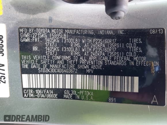 ✅ 2013 Toyota Sienna L • VIN: 5TDZK3DCXDS403672 • Lot: 42843593. Listed on IAAI with 178,046 mi. Free auction sales archive from the USA and detailed vehicle history report at DreamBid. Image 9.