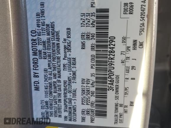 ✅ 2015 Ford Fusion SE Luxury • VIN: 3FA6P0PU9FR284290 • Лот: 91121305. Опубликован ранее на Copart с пробегом 79 564 миль. Бесплатный доступ к архиву аукционных продаж из США и подробный отчёт об истории автомобиля на DreamBid. Изображение 12.