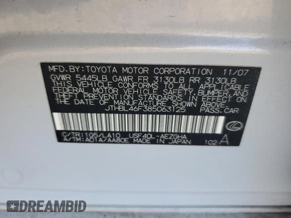 ✅ 2008 Lexus LS 460 • VIN: JTHBL46F385063125 • Lot: 92610155. Listed on Copart with 149,686 mi. Free auction sales archive from the USA and detailed vehicle history report at DreamBid. Image 13.