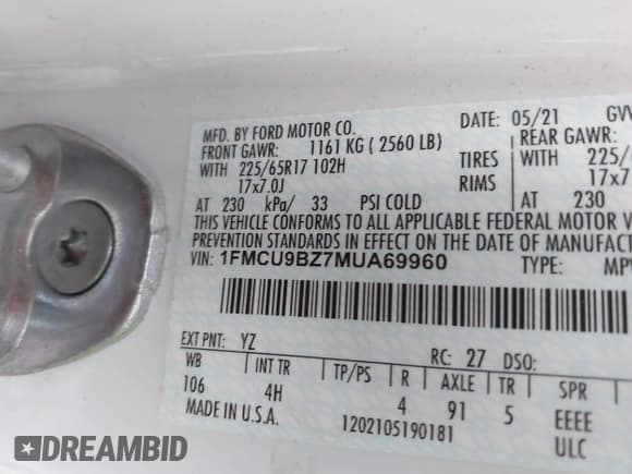 ✅ 2021 Ford Escape SE Hybrid • VIN: 1FMCU9BZ7MUA69960 • Lot: 43728835. Wystawiony na IAAI z przebiegiem 176 907 mil. Bezpłatny archiwum sprzedaży aukcyjnych z USA i szczegółowy raport historii pojazdu na DreamBid. Zdjęcie 9.