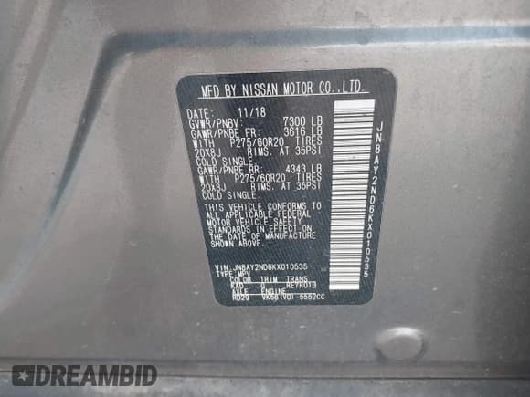 ✅ 2019 Nissan Armada SL • VIN: JN8AY2ND6KX010535 • Lot: 43201067. Wystawiony na IAAI z przebiegiem 134 504 mil. Bezpłatny archiwum sprzedaży aukcyjnych z USA i szczegółowy raport historii pojazdu na DreamBid. Zdjęcie 9.