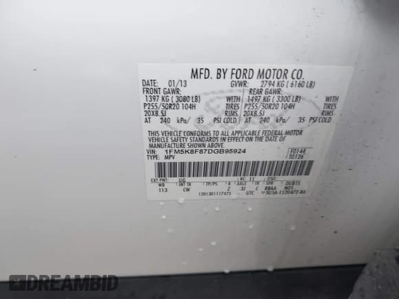 ✅ 2013 Ford Explorer Limited • VIN: 1FM5K8F87DGB95924 • Лот: 43786500. Опубликован ранее на IAAI с пробегом 177 261 миль. Бесплатный доступ к архиву аукционных продаж из США и подробный отчёт об истории автомобиля на DreamBid. Изображение 9.