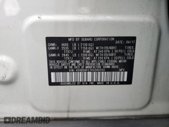 ✅ 2017 Subaru Outback Premium • VIN: 4S4BSAFC7H3389350 • Lot: 93252915. Listed on Copart with 126,823 mi. Free auction sales archive from the USA and detailed vehicle history report at DreamBid. Image 13.